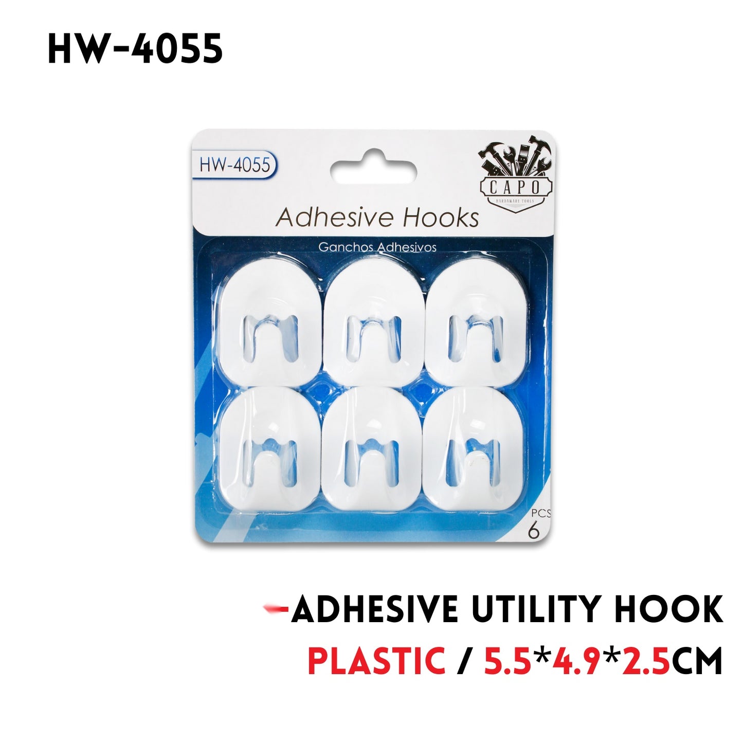 6pk White Plastic Self-Adhesive Utility Hooks, 5.5x4.9x2.5cm