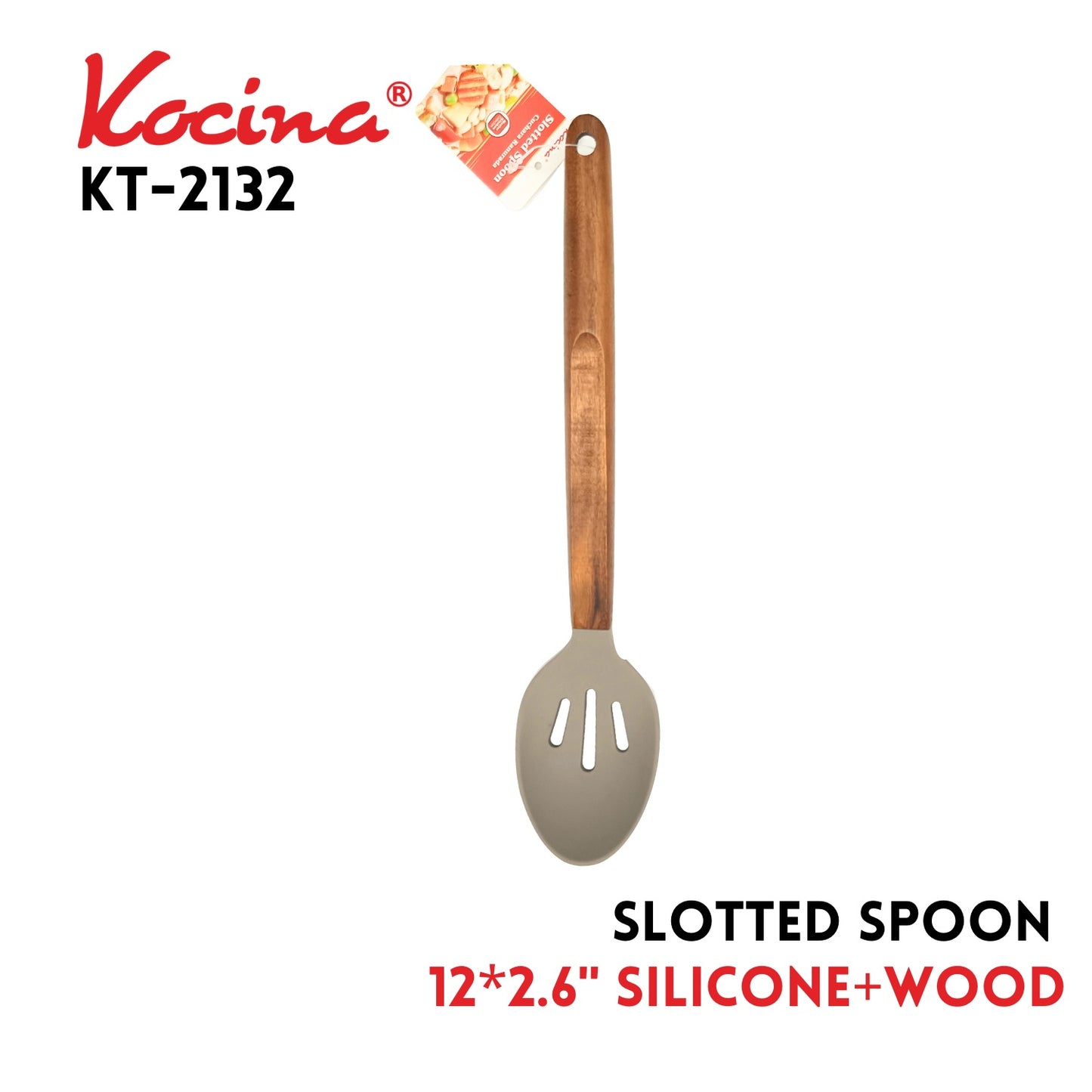 Slotted Spoon, 12"x2.6", Silicone+Wood