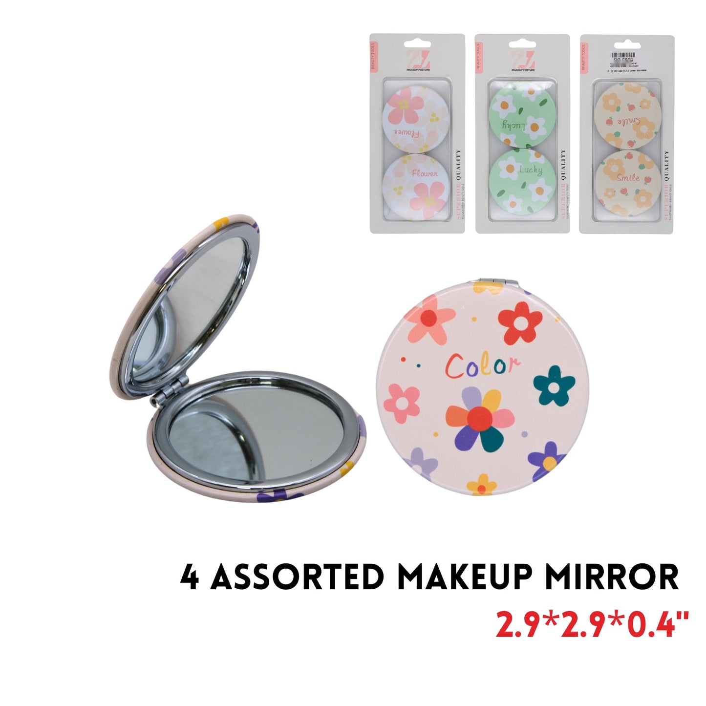 Makeup Mirror, 2.9"x2.9"x0.4", ABS+alloy+Glass, 4 Clrs Asstd
