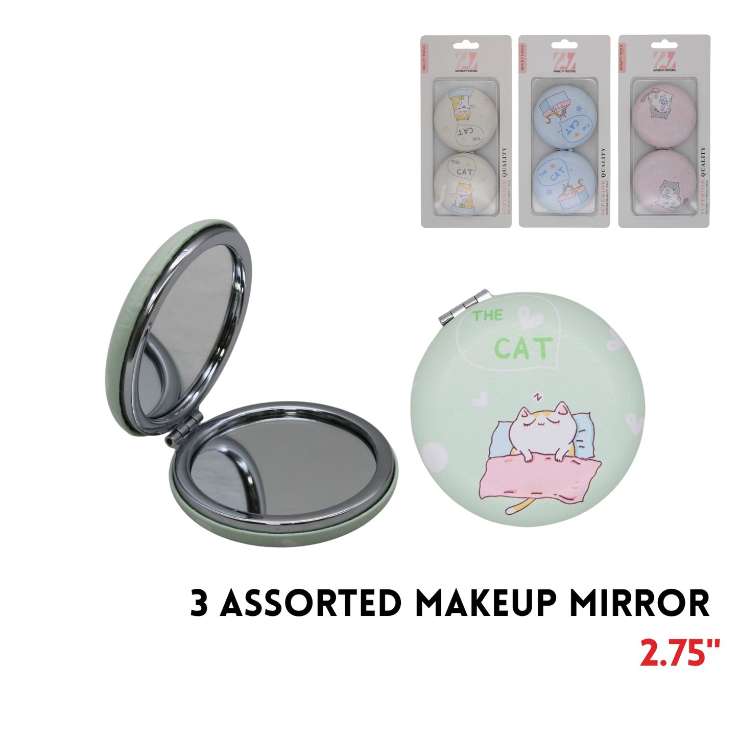 Makeup Mirror, 2.75", ABS+Alloy+Glass, 3 Clrs Asstd
