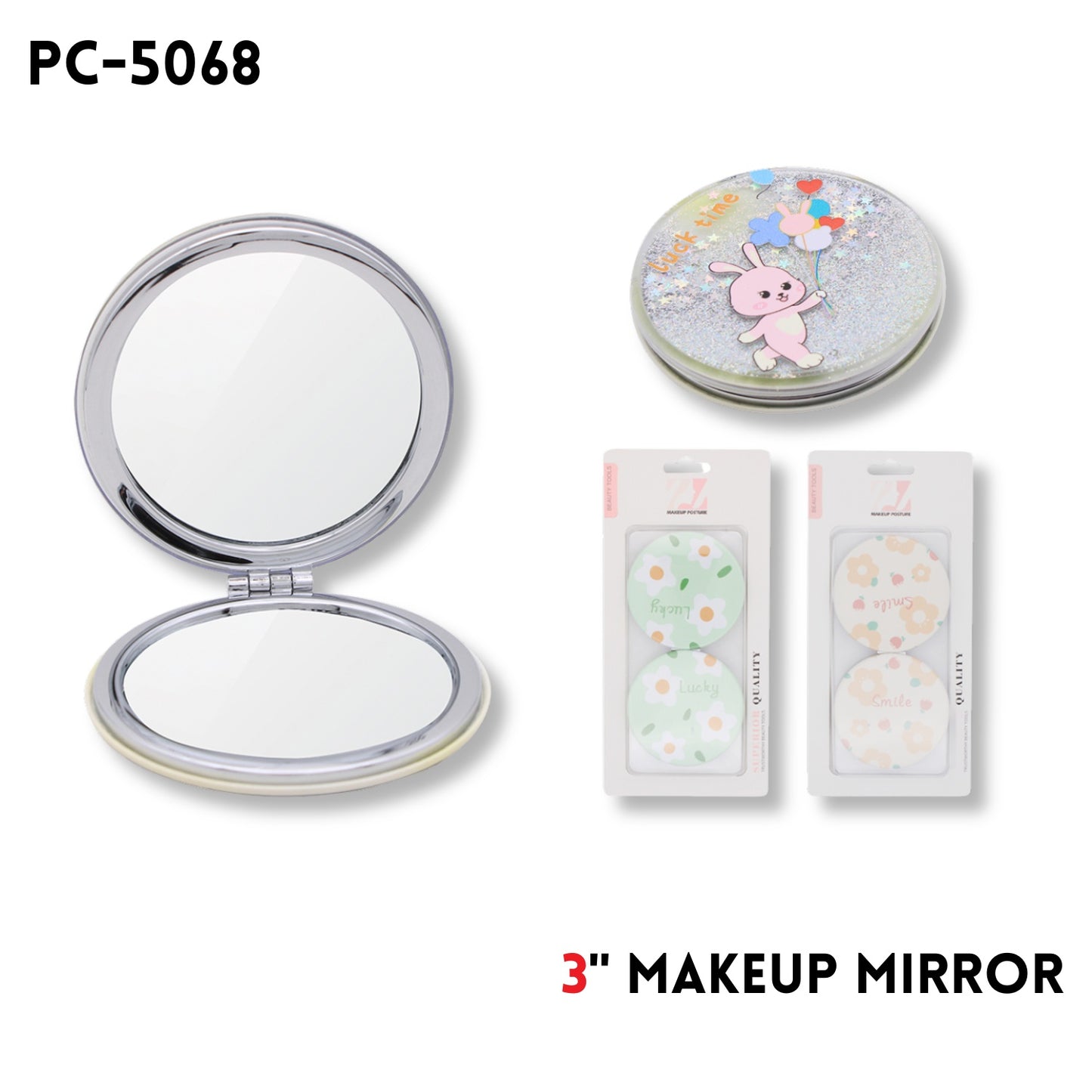 Makeup Mirror, 3", ABS+Alloy+Glass, 3 Clrs Asstd