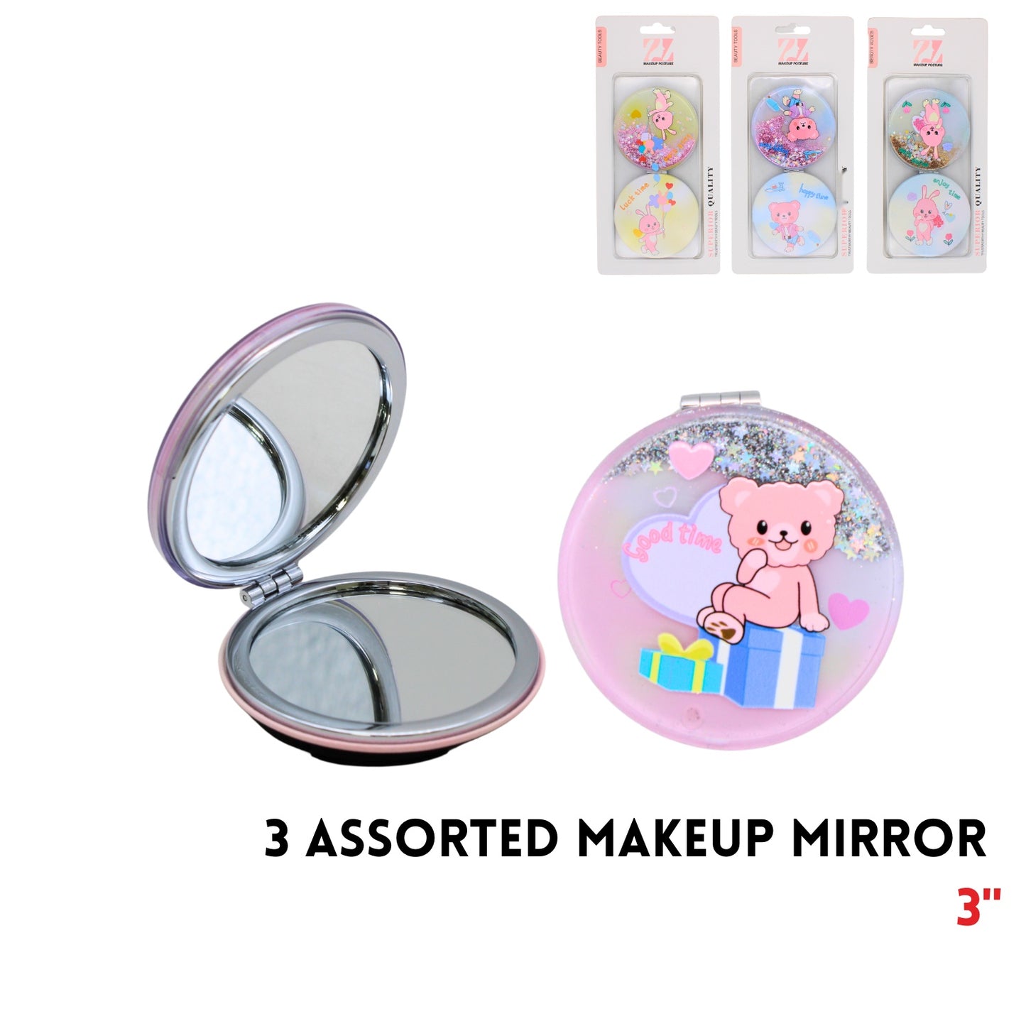 Makeup Mirror, 3", ABS+Alloy+Glass, 3 Clrs Asstd
