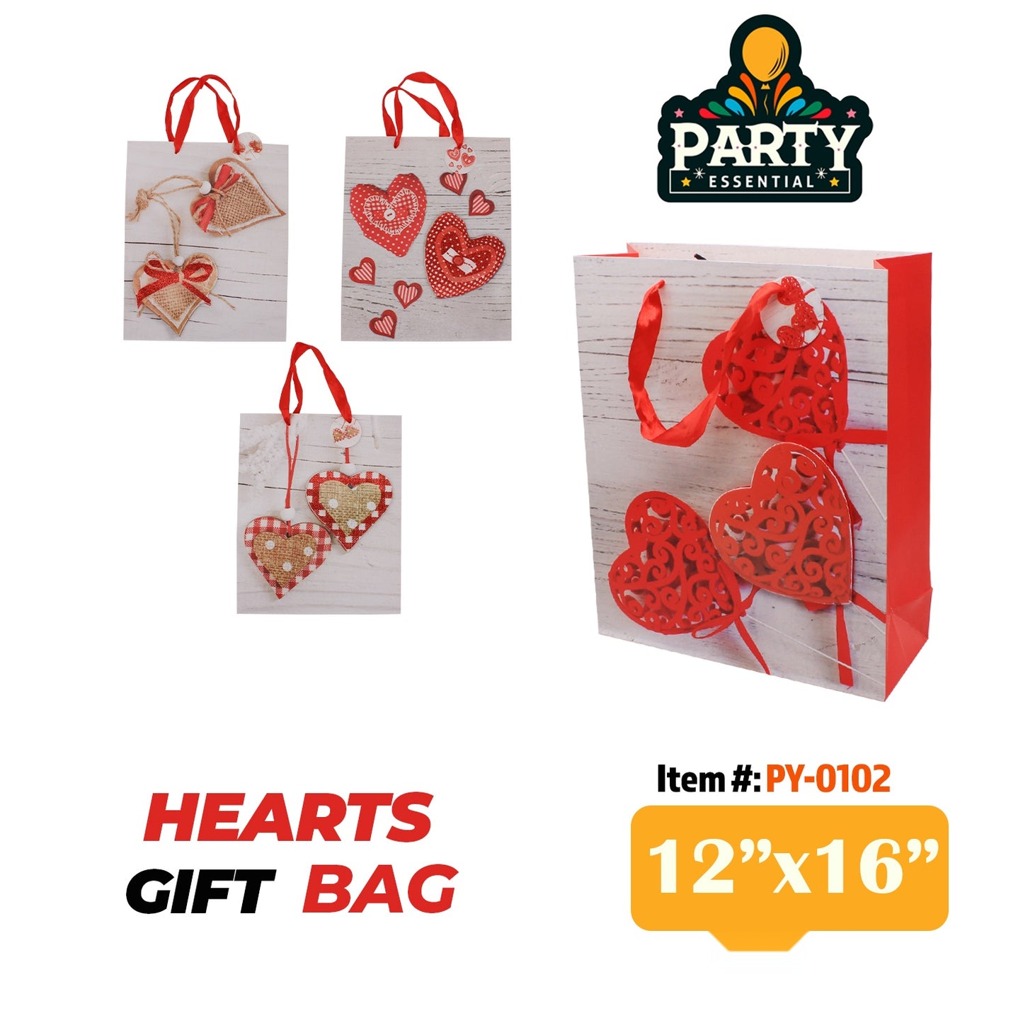 12"x16"X 4.5" 3D Hearts Gift Bag W/ Glitter