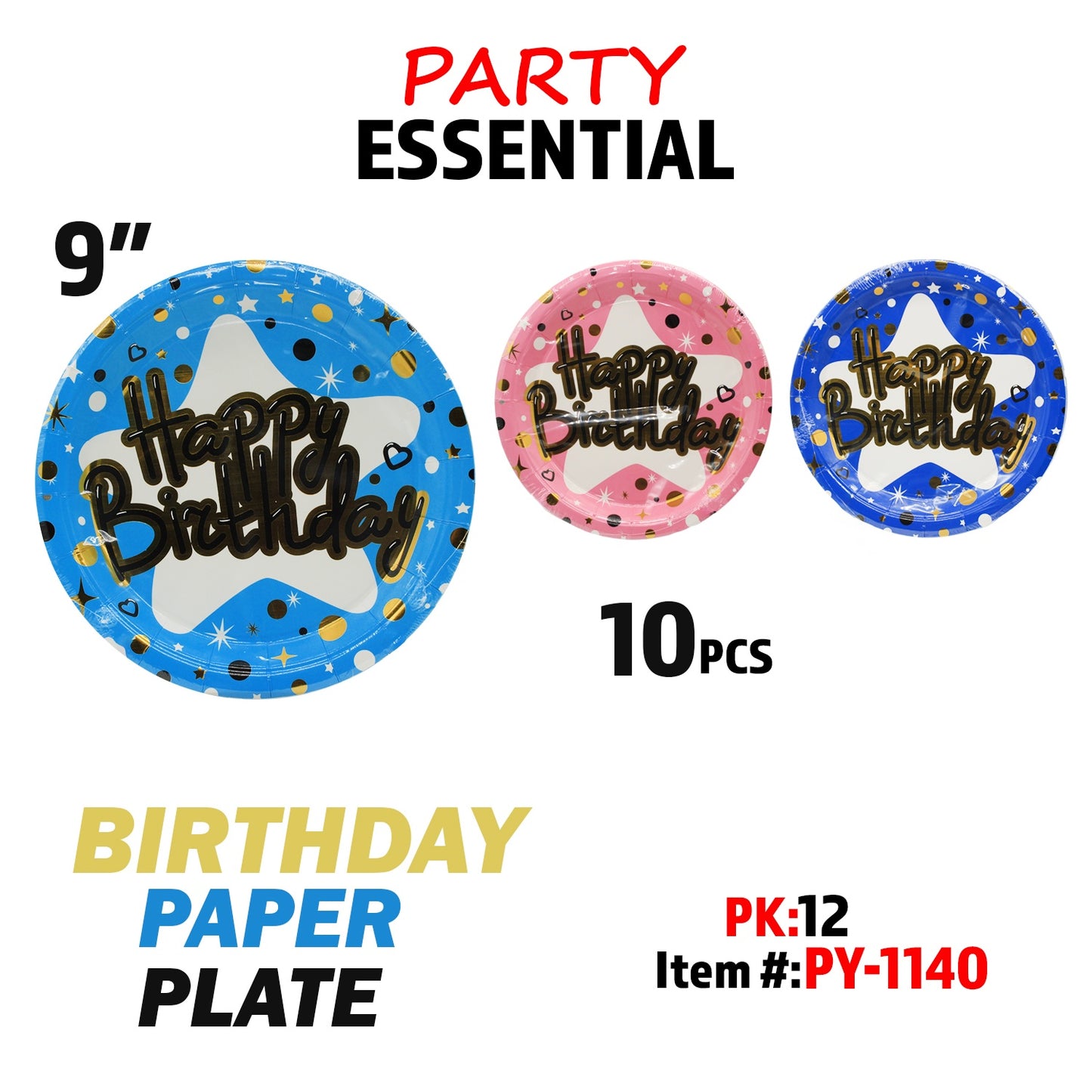 10pcs 9" Paper Plate , Happy Birthday 3 colors Asstd