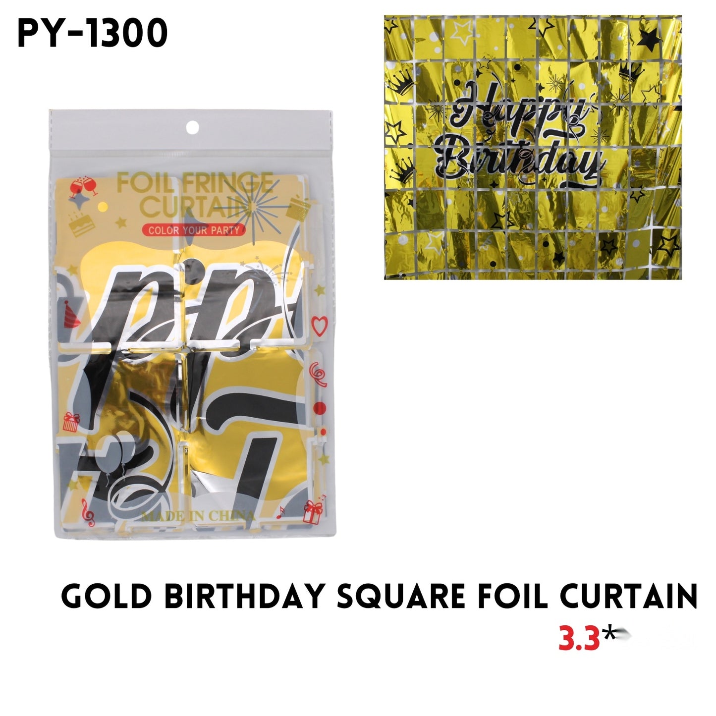 Gold Birthday Square Foil Curtain, 3.3x6.6ft, 0.16mm, Alu Fi