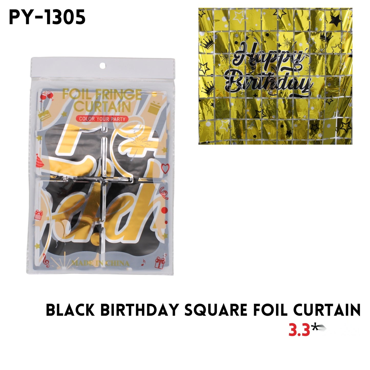 Black Birthday Square Foil Curtain, 3.3x6.6FT, Alu Fiol