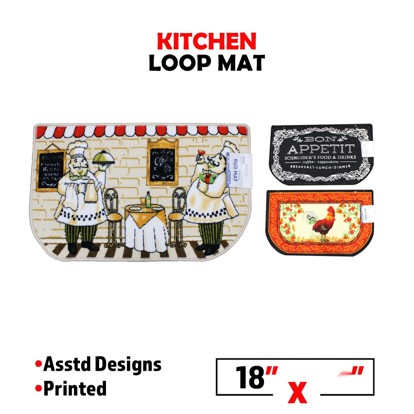 18 x 30" Printed Kitchen Loop Mat - Assorted (M1)