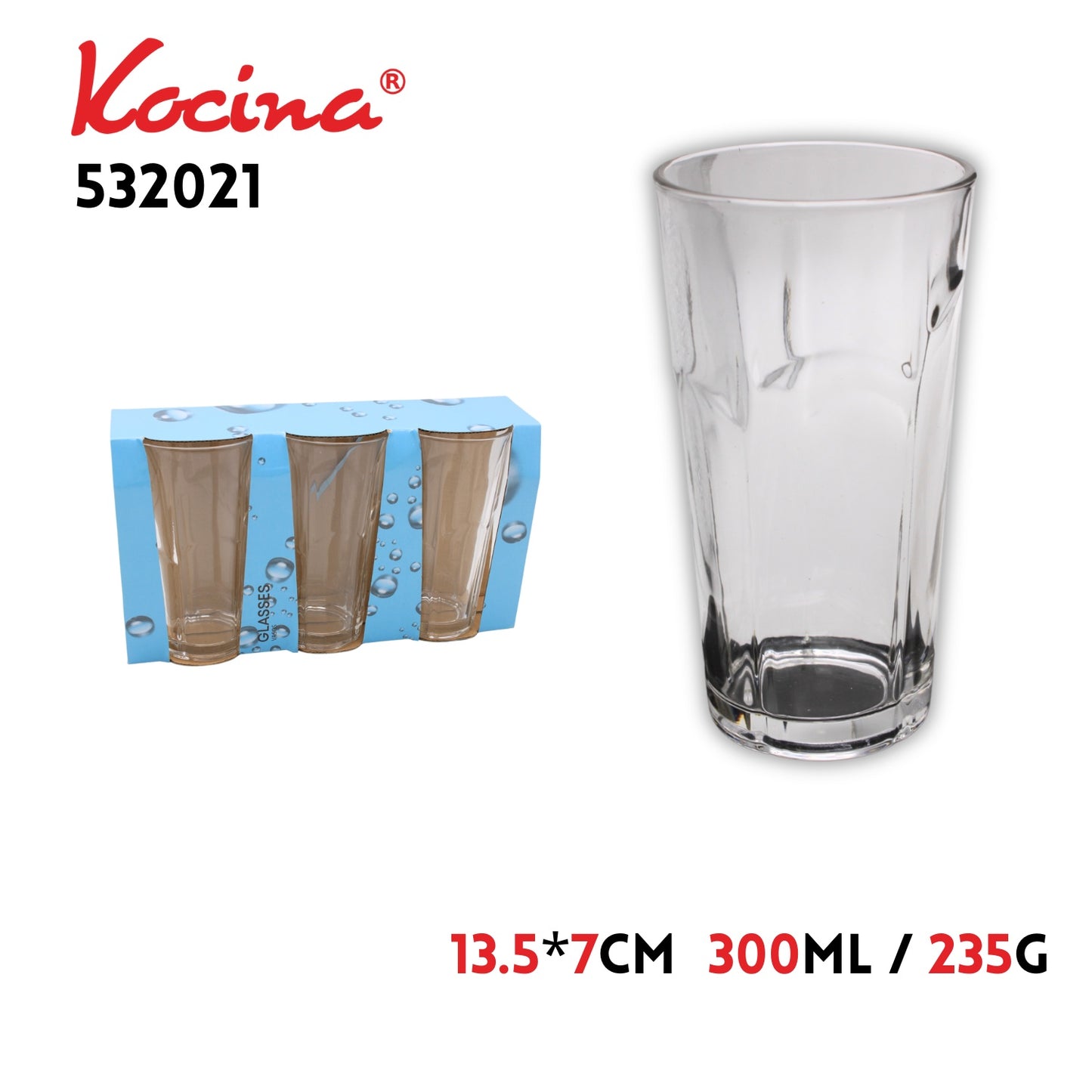 3pcs/set Glass Cup,13.5x7cm, 235g, 300ml
