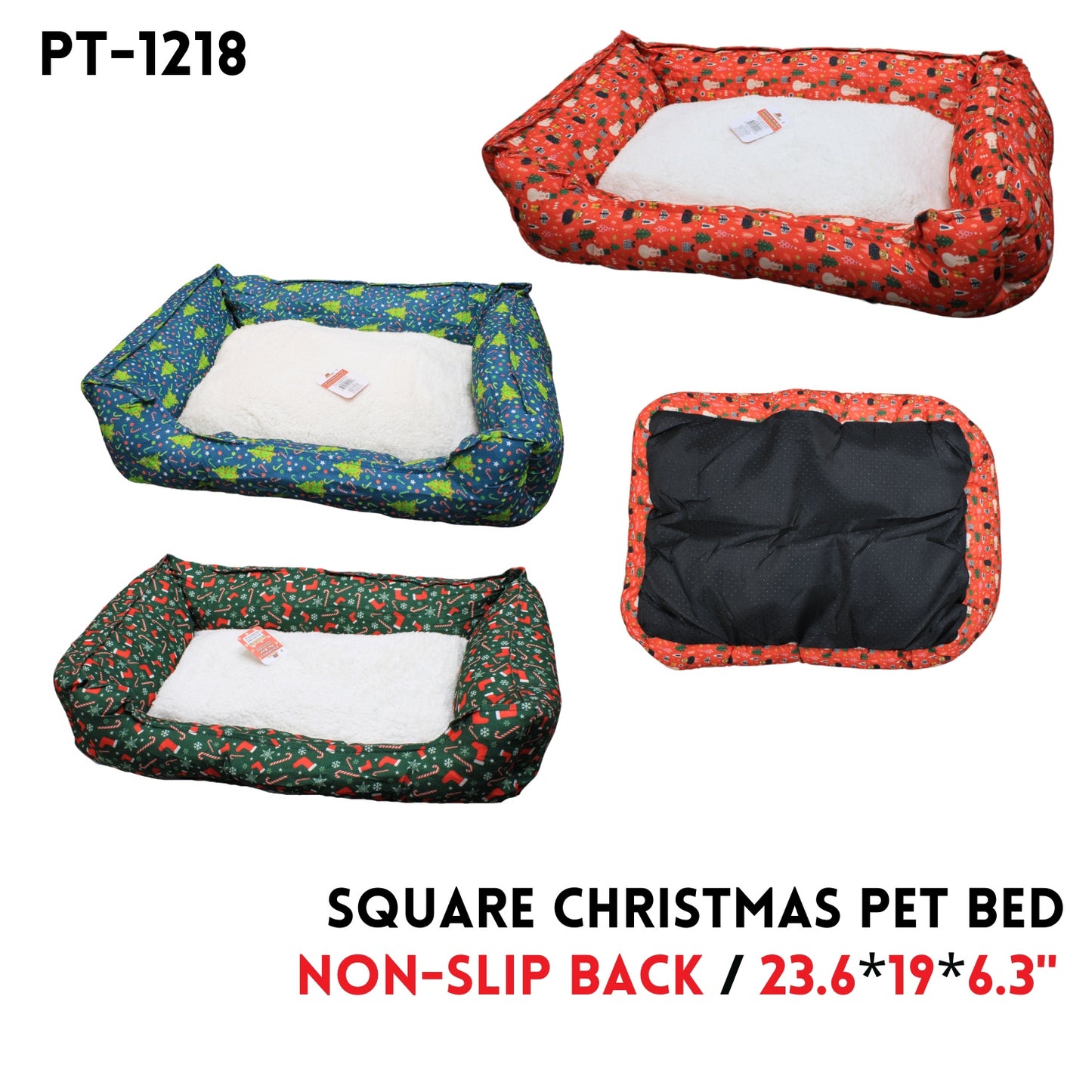 Square Christmas Pet Bed23.6"x19"x6.3",3Colors Asstd,Fabric