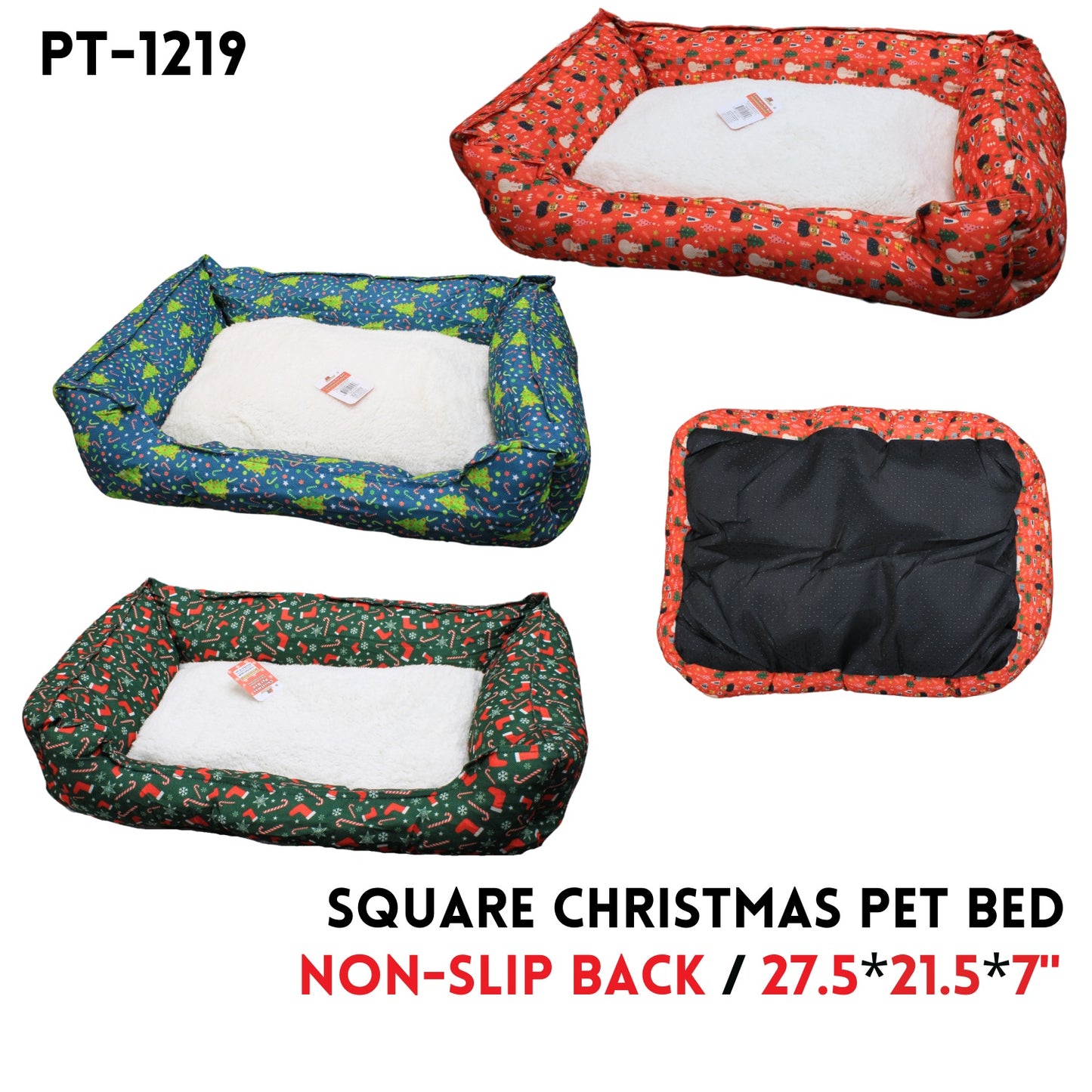 Square Christmas Pet Bed 27.5"x21.5"x7",3Colors Asstd,Fabric