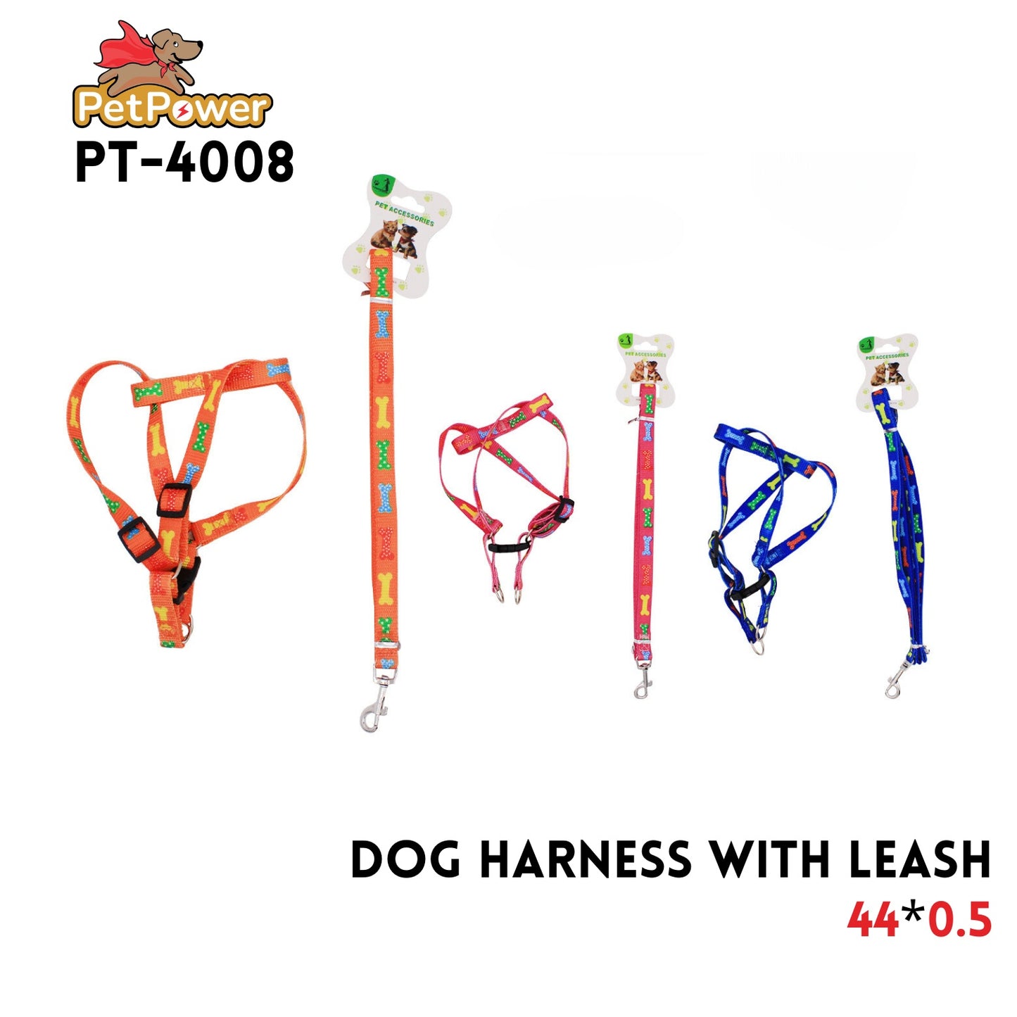 Dog Harness W/ Leash 44x .5" Asst Color