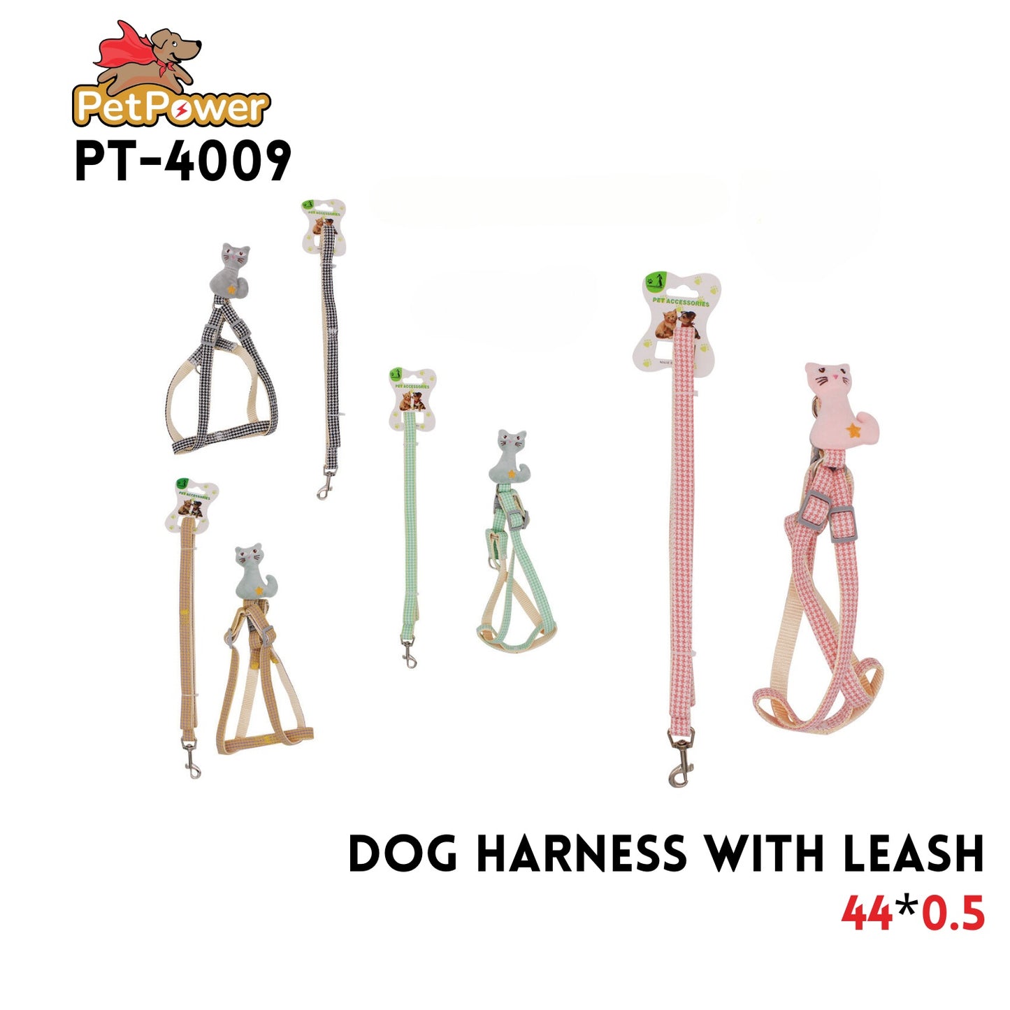 Dog Harness W/ Leash 44x .5" Asst Color