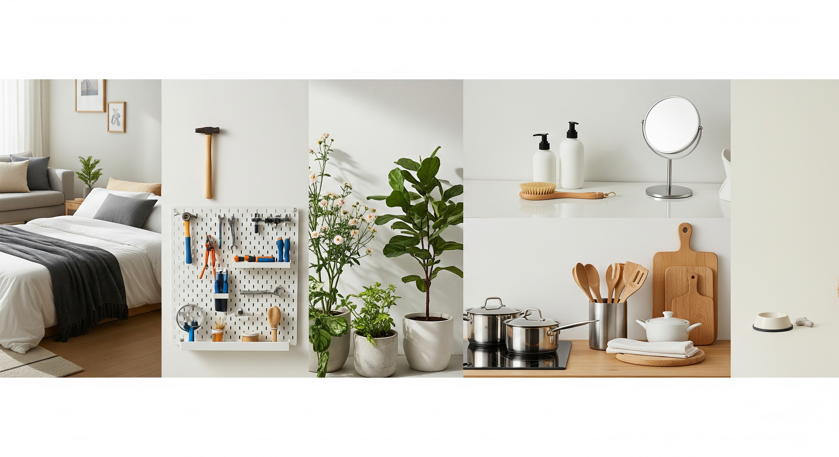 Collage of home decor items including a bedroom, kitchen, and living room.