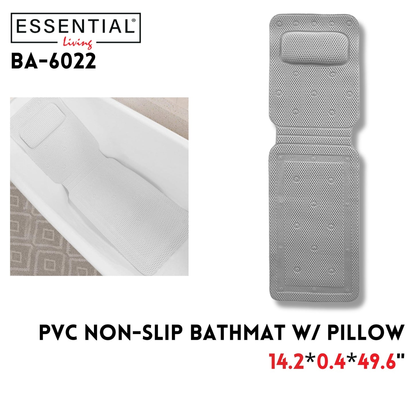 Pvc Non-Slip Bath Mat With Pillow 14.2*49.6*0.4Inch