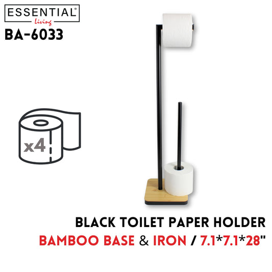Toilet Paper Holder w/ bamboo base,iron,black,7.1"x7.1"x28"