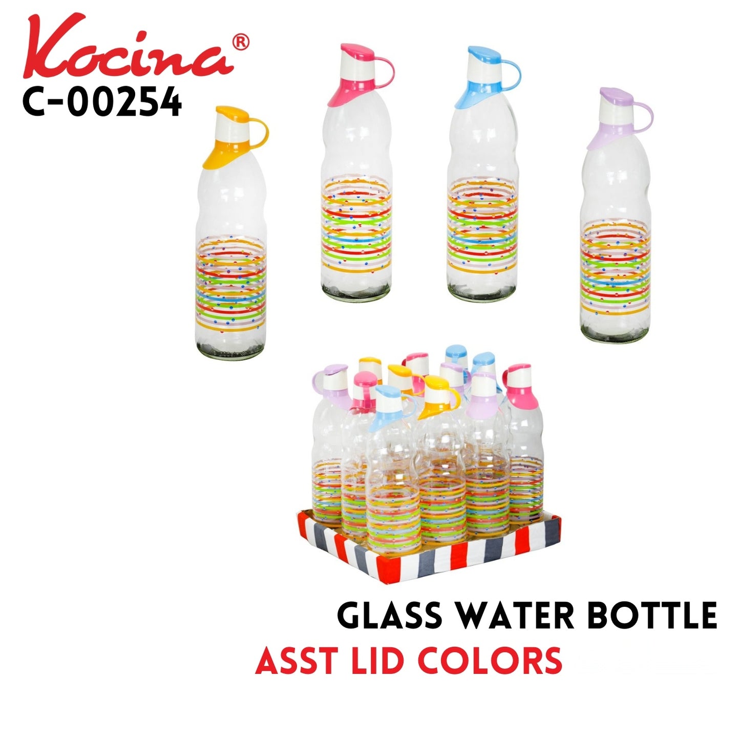 Glass Water Bottle Asst Lid Colors 33.8oz