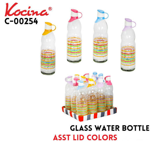 Glass Water Bottle Asst Lid Colors 33.8oz