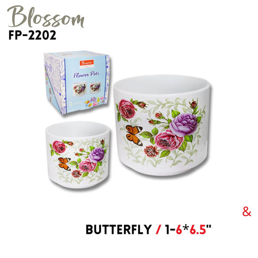 Ceramic Flower Pot Roses & Butterfly 2pc 1-6x6.5" 1-5x6"