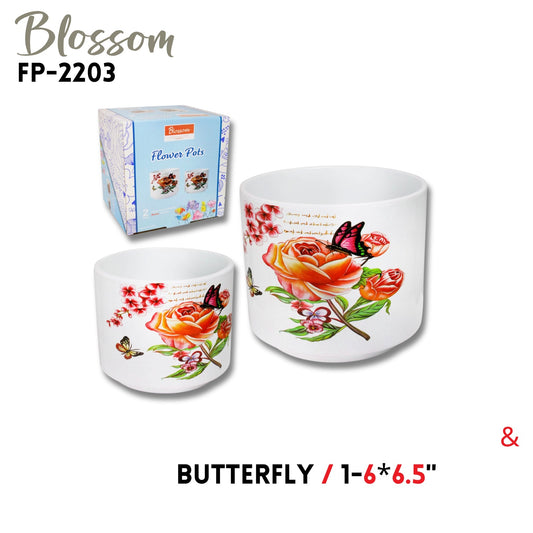 Ceramic Flower Pot Big Rose & Butterfly 2PC 1-6x6.5" 1-5x6"