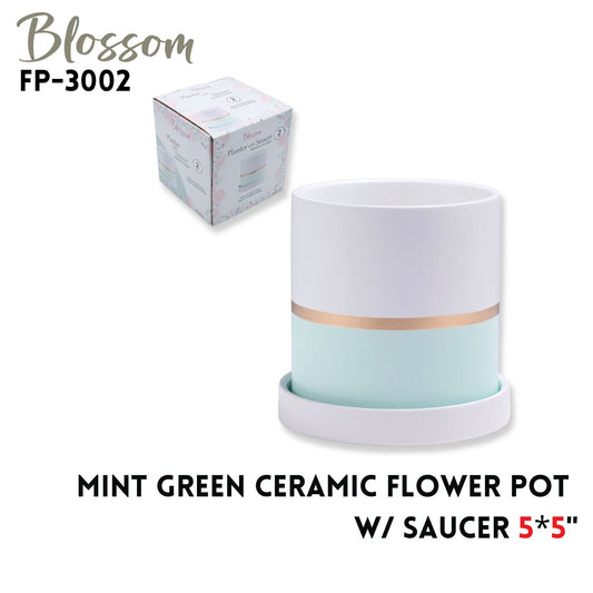 Flower Pot  w/saucer  5*5"  mint green ceramic