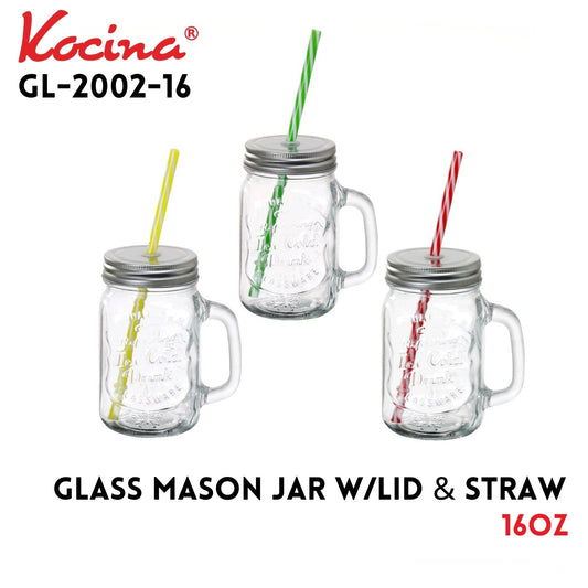Glass Mason Jar 16oz w.straw PDQ