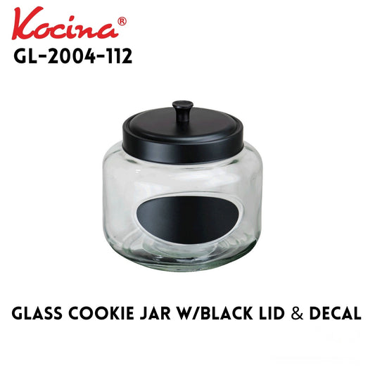Glass Cookie Jar w/Black Lid & Decal  112oz