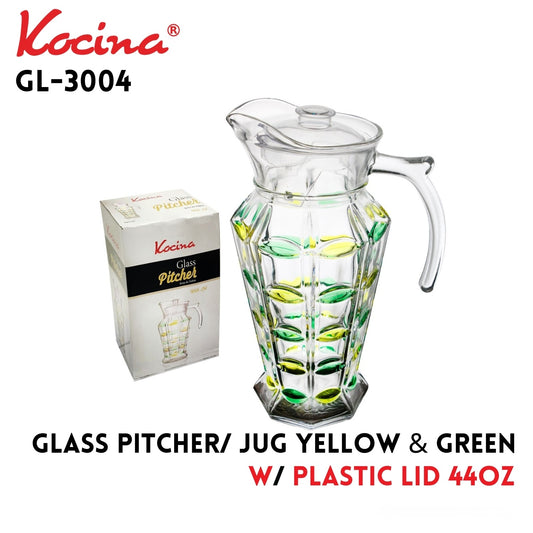 Glass Pitcher/Jug Yellow, Green w/Plastic Lid 44oz GifF Box