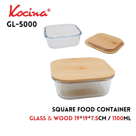 Square Food Container, 19x19x7.5cm,1100ml, Glass+Wood,Clear