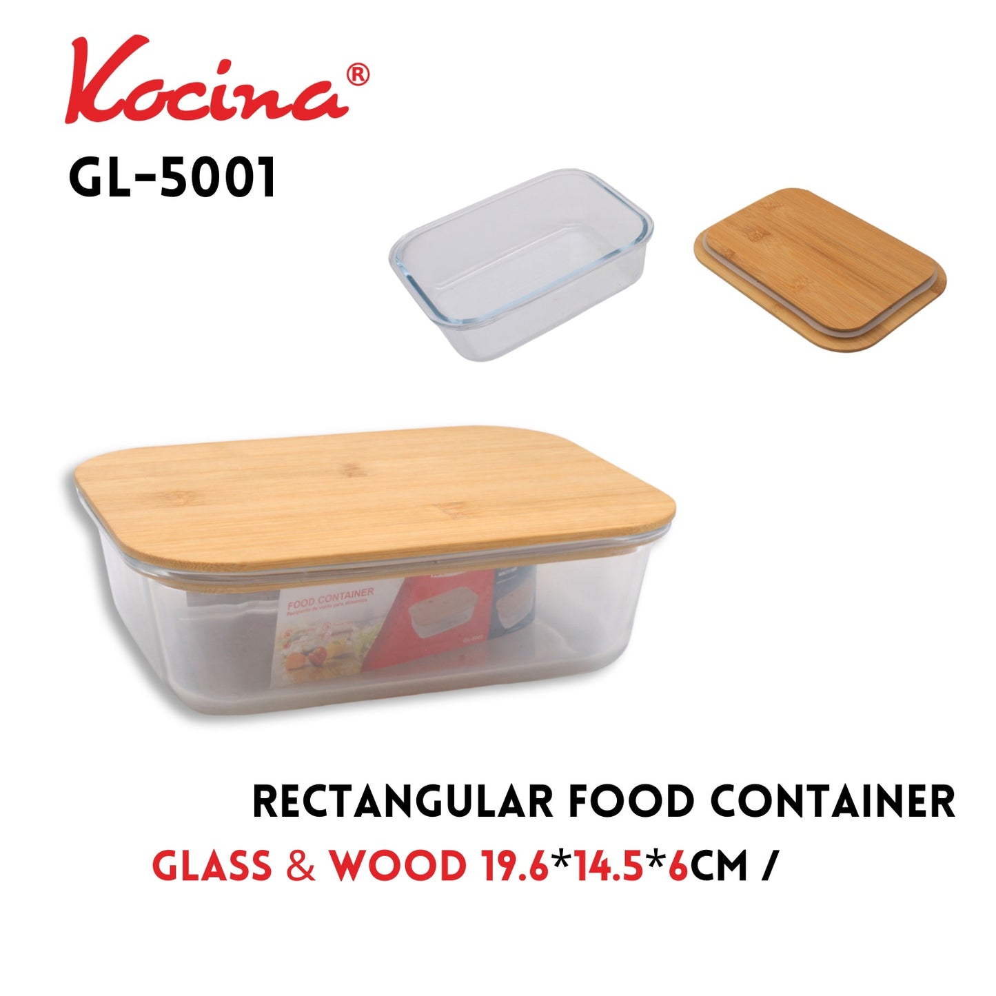 Rectangular Food Container,19.6x14.5x6cm,1040ml, Glass+Wood,