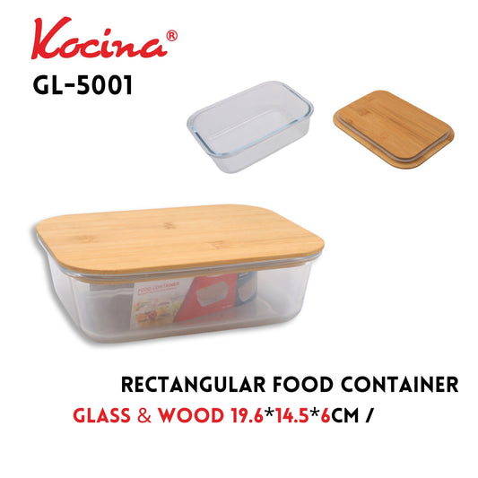 Rectangular Food Container,19.6x14.5x6cm,1040ml, Glass+Wood,