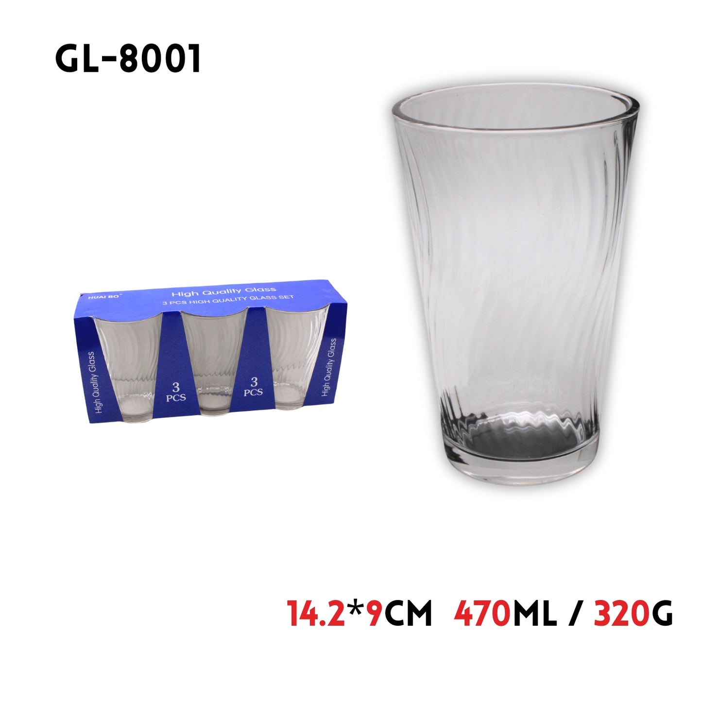 3pcs/set Glass Cup,14.2x9cm, 320g; 470ml, w/Color Box