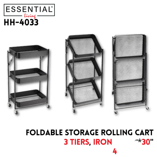 3 Tiers Foldable Storage Rolling Cart, Iron,18"x12"x30"