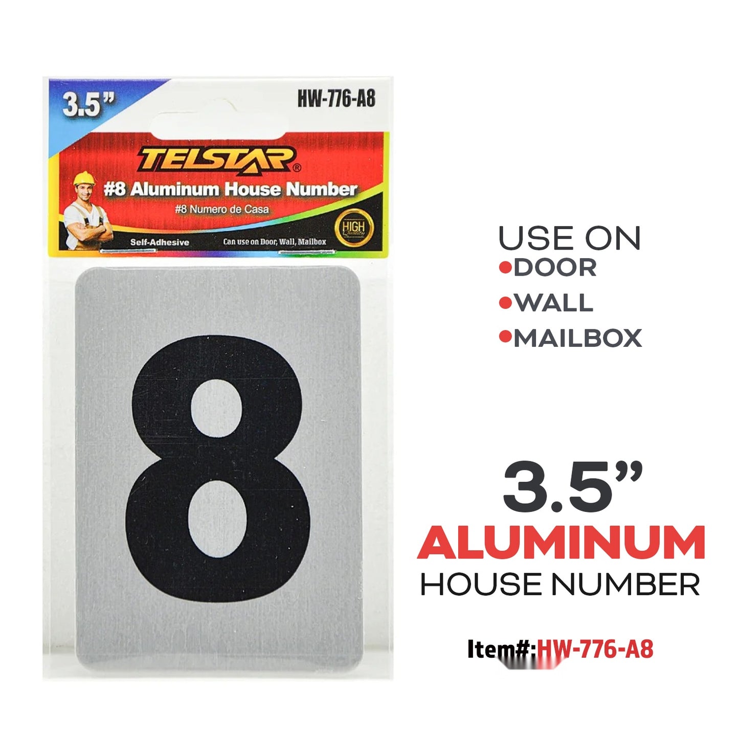 Aluminum Number Plate "8" ,  with 3M  Size.3.5"x2.5"