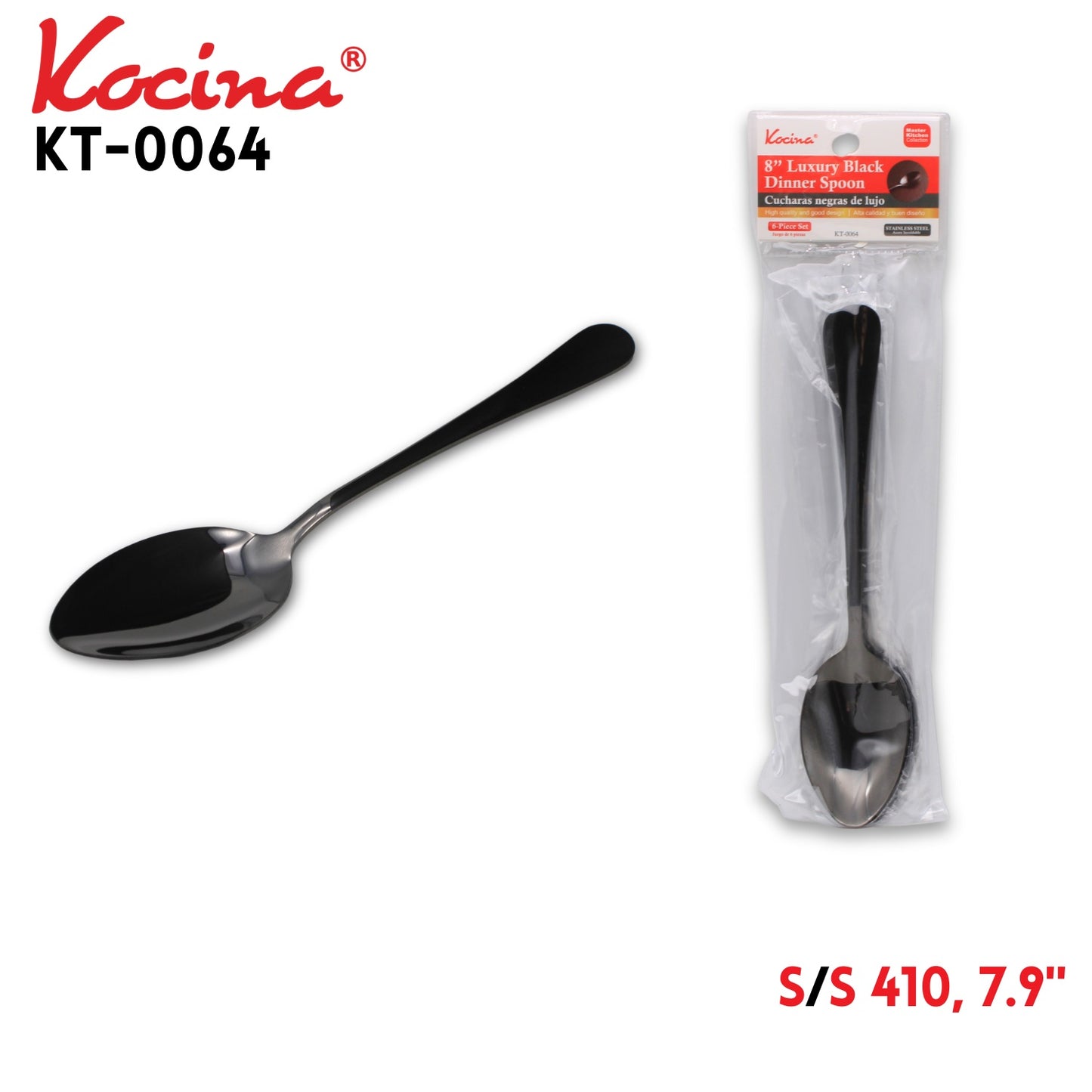 6pcs Luxury Black Dinner  Spoon, 7.9", 410 SS