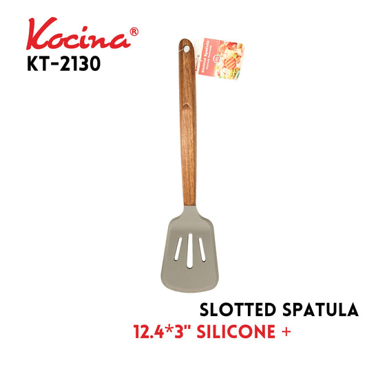 Slotted Spatula, 12.4"x3", Silicone+Wood