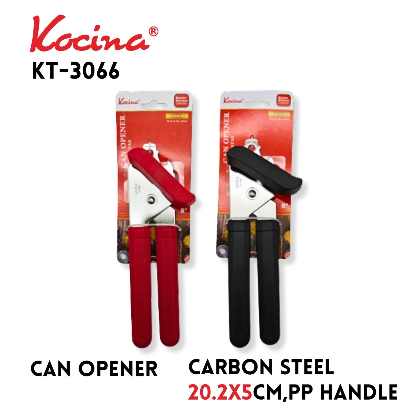 Can Opener, Carbon steel, 20.2x5cm,PP handle,black/red