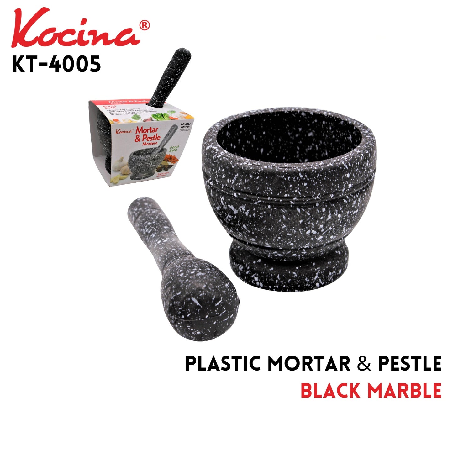 Plastic Mortar & Pestle Set black Marble Design