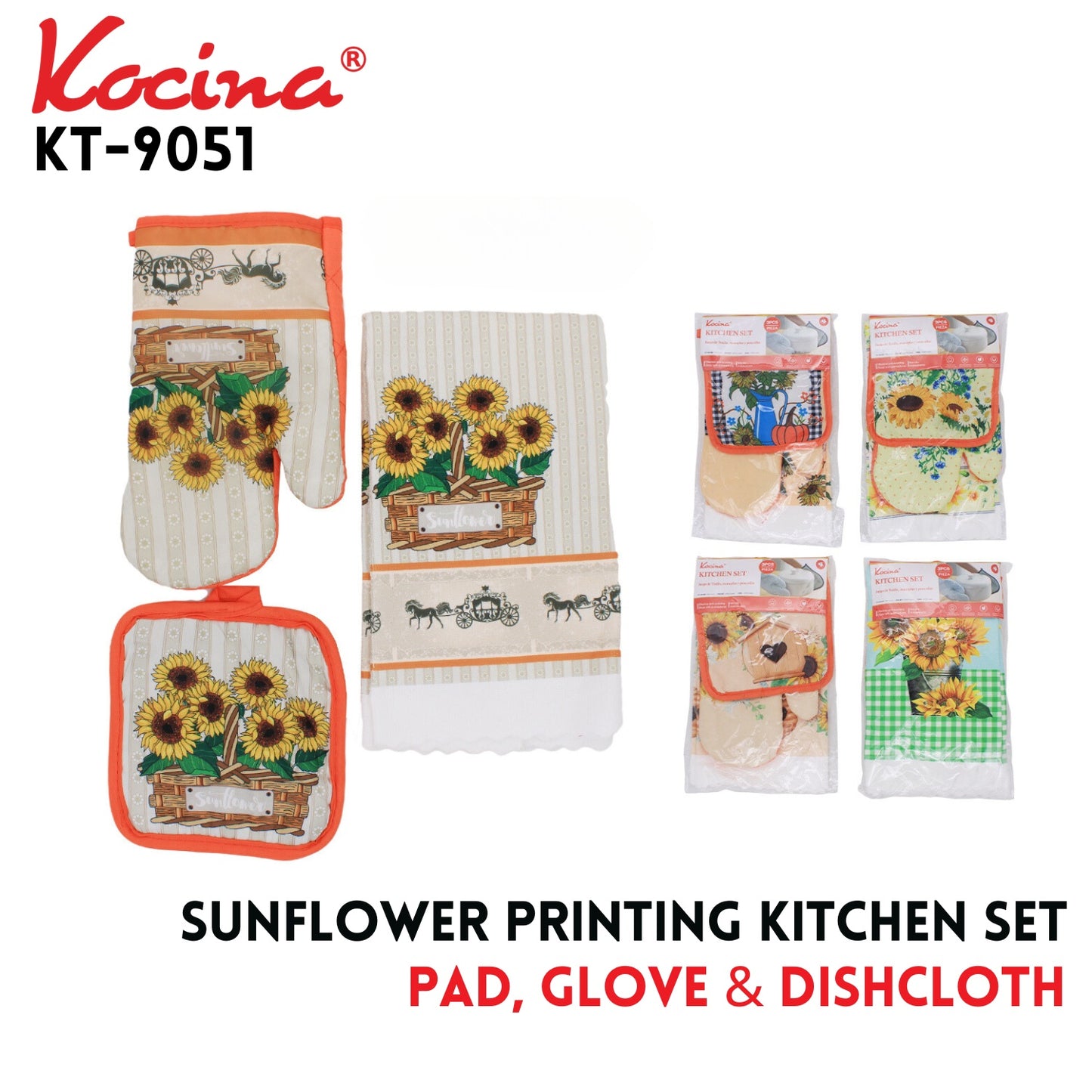 Kitchen Set, Sunflower Printing, Pad & Glove & Dishcloth
