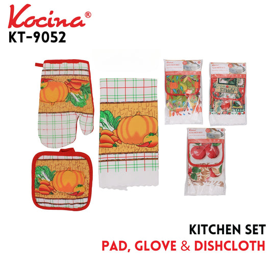 Kitchen Set, Flowers Printing, Pad & Glove & Dishcloth