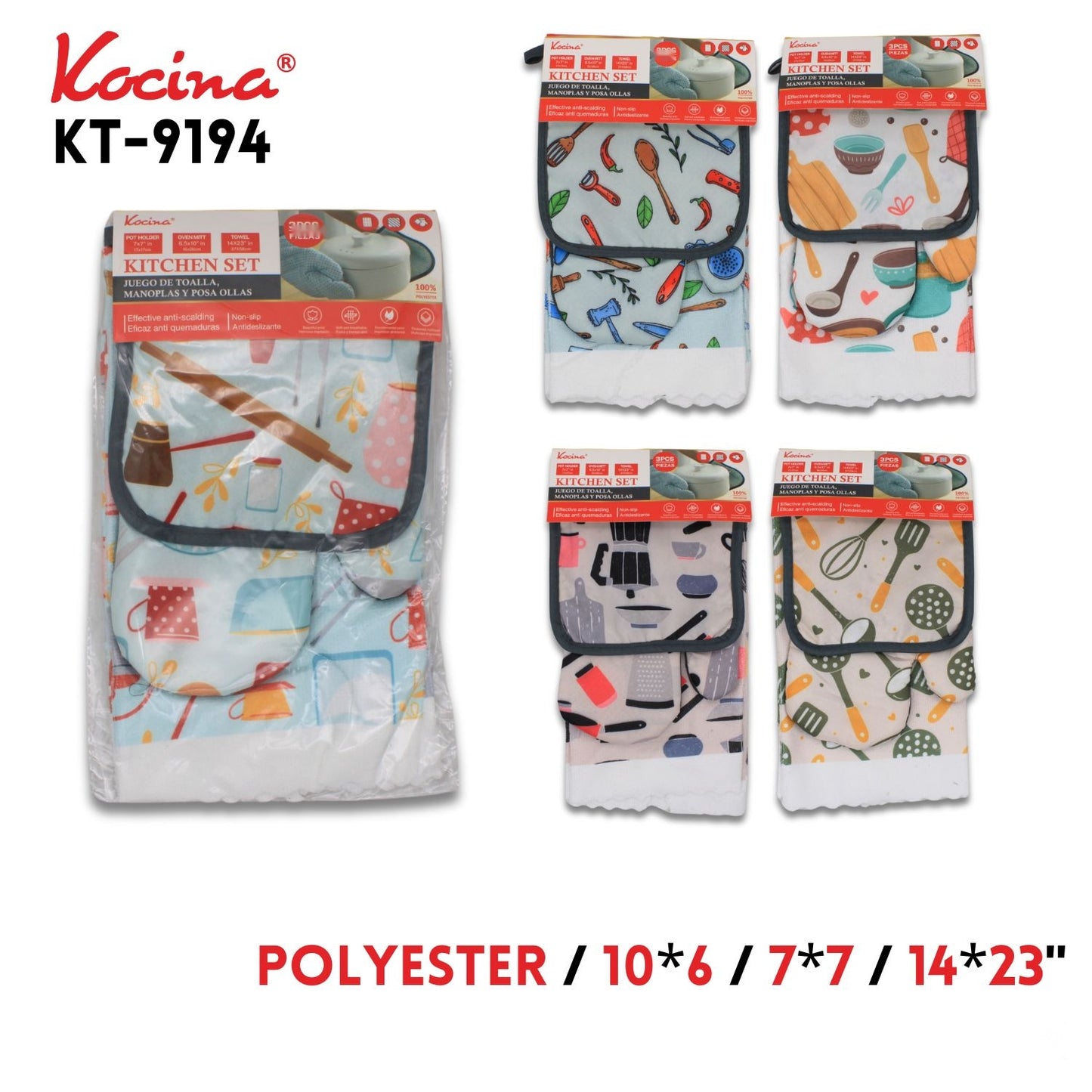 3pcs Kitchen Set, Polyester, 10"x6"/7"x7"/14"x23", 5 colors