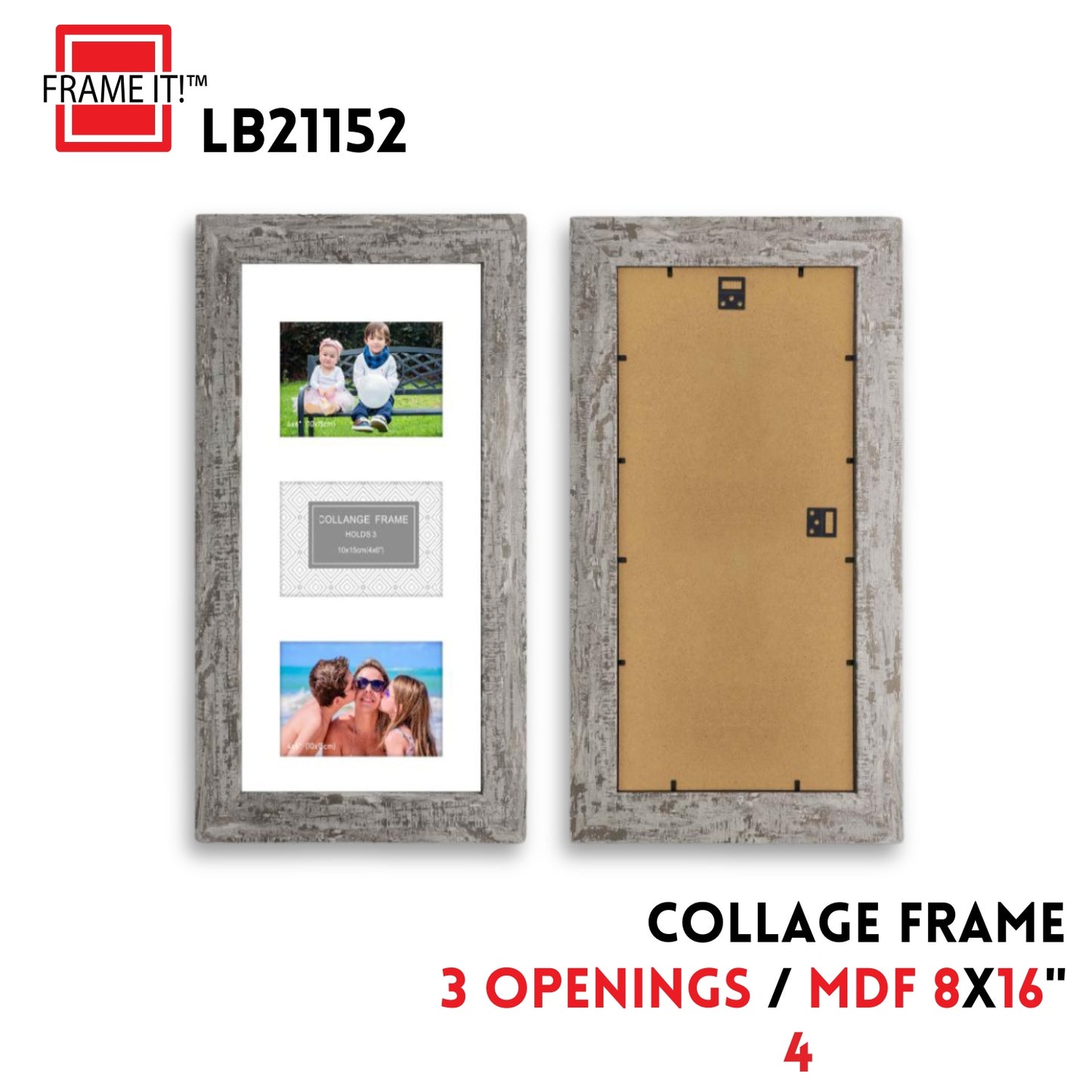 MDF 20X40cm Collage Frame Gray 3 Openings (8X16")
