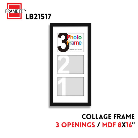 MDF COLLAGE FRAME 8X16" WITH 3 OPENINGS BLACK