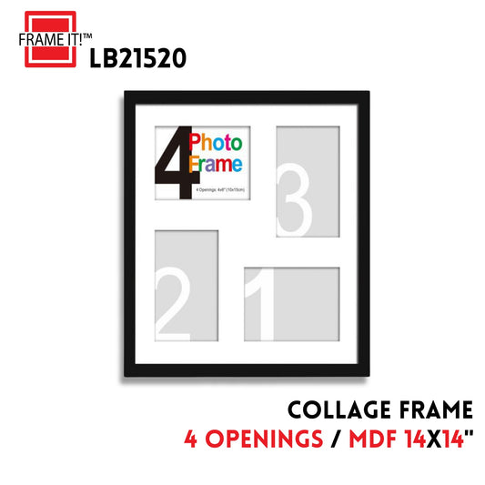 MDF COLLAGE FRAME 14X14" WITH 4 OPENINGS BLACK