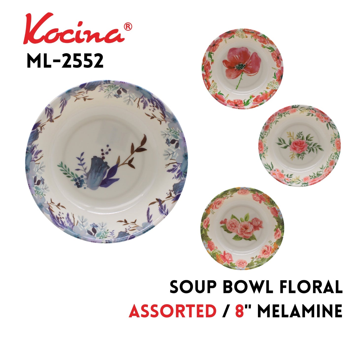 8" Soup Bowl Floral, 4 Assorted Designs