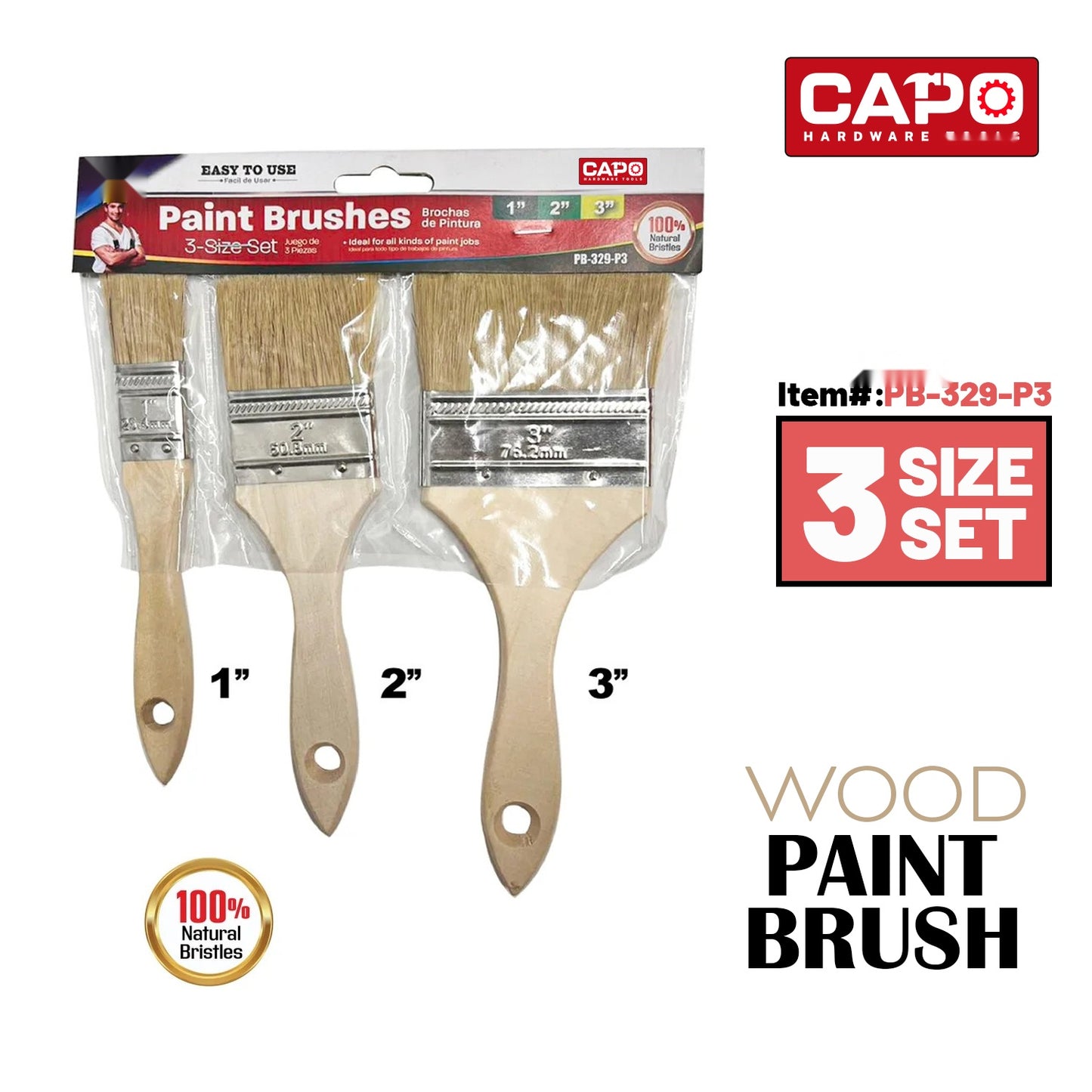 3pcs Chip Brush Set: 1"2"3",100% Pure Natural Bristles