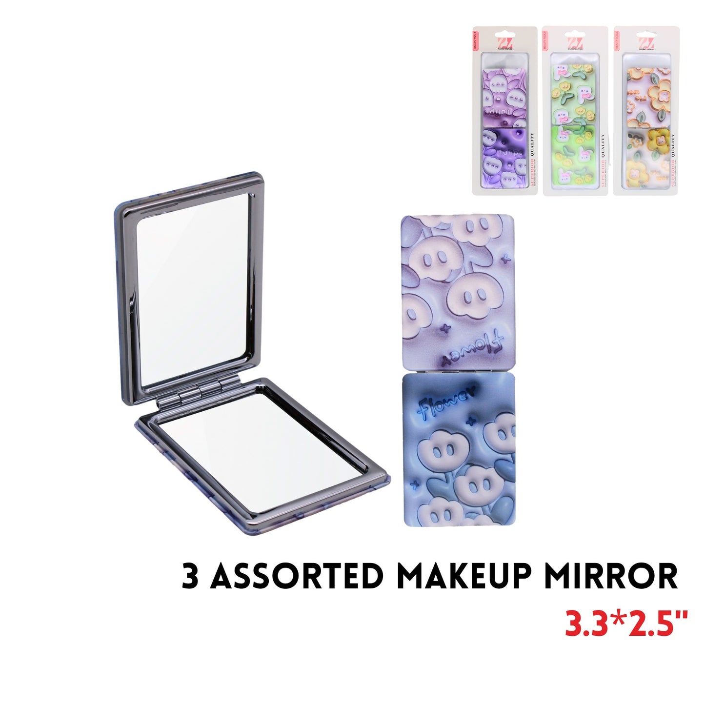 Makeup Mirror, 3.3"x2.5", ABS+Alloy+Glass, 3 Clrs Asstd