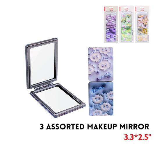 Makeup Mirror, 3.3"x2.5", ABS+Alloy+Glass, 3 Clrs Asstd