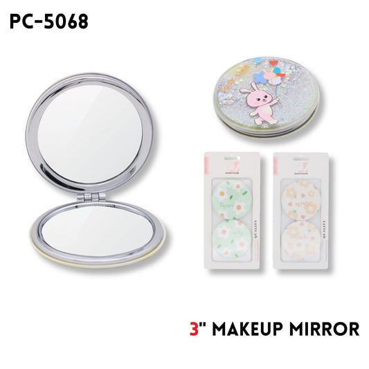 Makeup Mirror, 3", ABS+Alloy+Glass, 3 Clrs Asstd