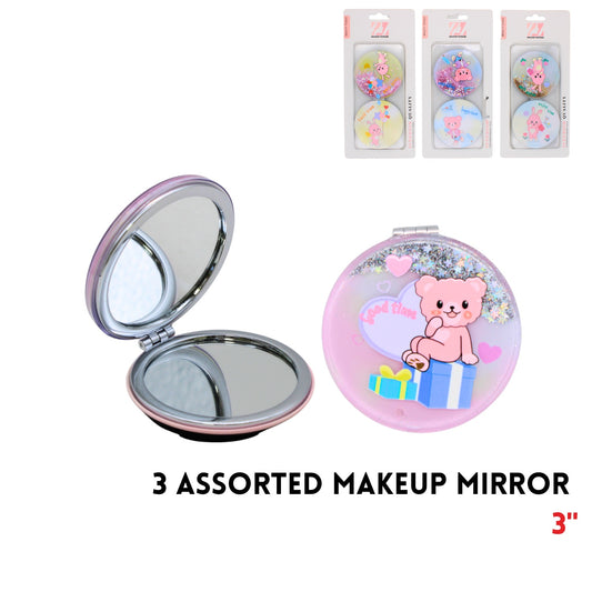Makeup Mirror, 3", ABS+Alloy+Glass, 3 Clrs Asstd