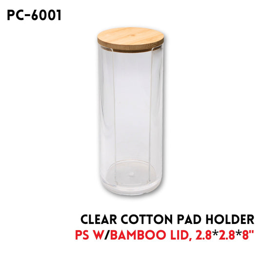 Cotton Pad Holder W/ Bamboo Lid, Clear PS, 2.8"x2.8"x8"